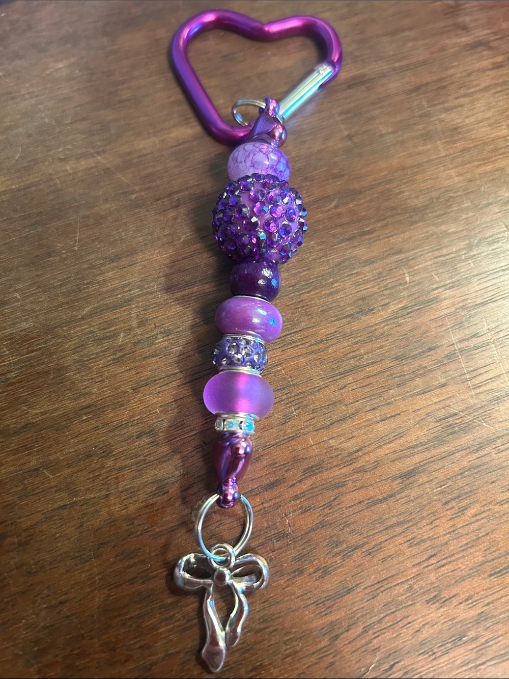 Purple Beaded Keychain Charm with Heart Carabiner